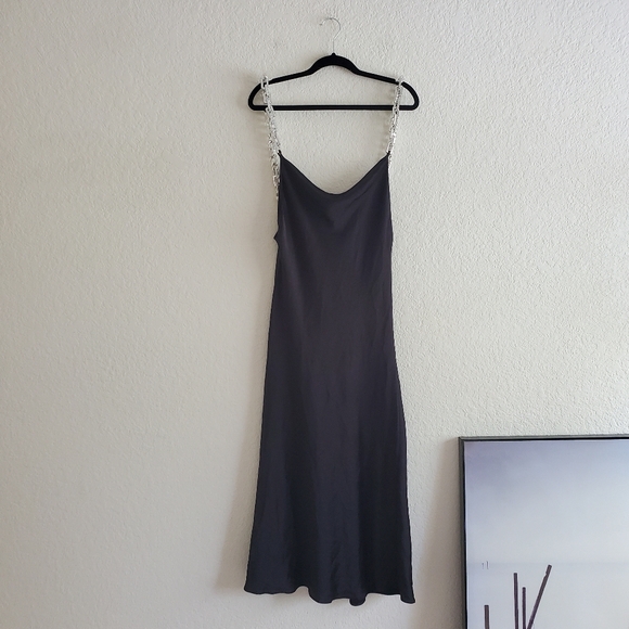 Zara * Chain Strap Satin Effect Slip Midi Dress Black - Picture 14 of 16